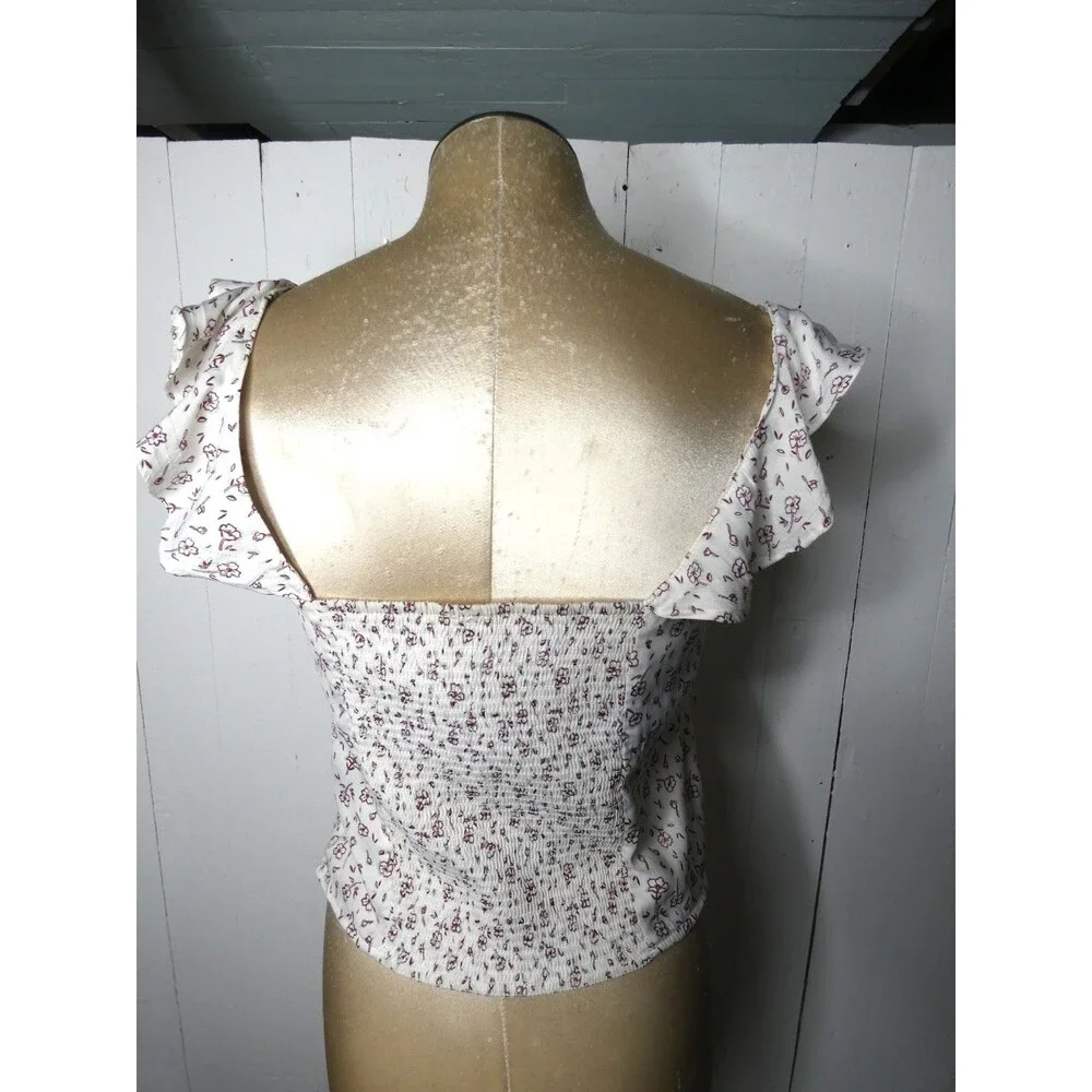 Free People Women's M Stay With You Top Crop White Red Floral Ruffle Smocked